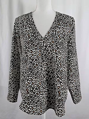 J Crew Womens Blouse Animal Print White Black Tan Polyester Large Petite • $15.99