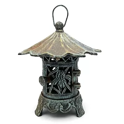 VTG Cast Iron Japanese Hanging Pagoda Garden Lantern Iris Floral Roof Design 8lb • $99