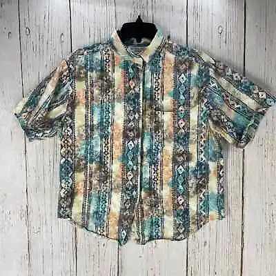 Vintage Victoria Jones Women Button-Up Shirt Size L Petite 100% Cotton Colorful • $10.26