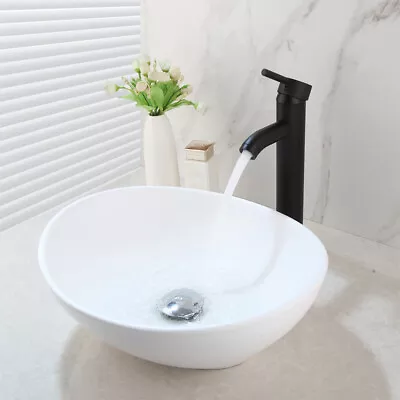 US White Bathroom Vessel Sink Ceramic Washing Bowl Black Faucet Tap • $45