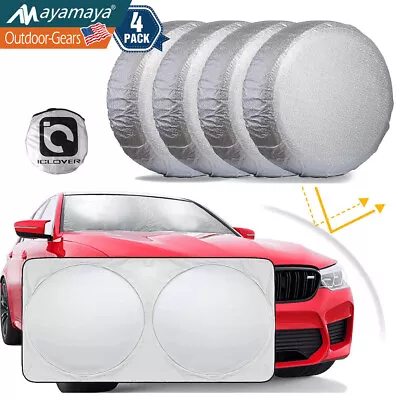 27-28  Set Of 4 Tire Wheel Covers & Windshield Sun Shade Visor UV Rays Protector • $8.99