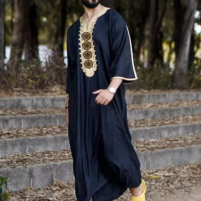 Men's Middle Eastern Clothes Long Sleeve Muslim Islamic Round Neck Flax Kaftan • $38.87