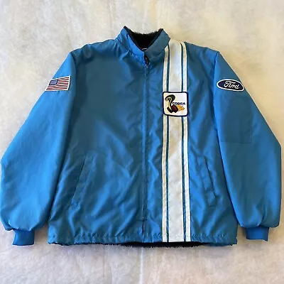 Ford Mustang Cobra Size Large CAFE RACER Stripe Fleece Lined Jacket Bomber Blue • $161.88