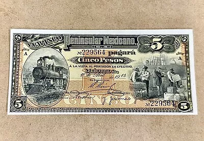 1914 Mexico 5 Pesos El Banco Peninsular Mexicano PQ UNC- High Grade | Gradable! • $49.50
