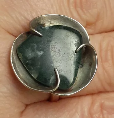 Vintage Fine Sterling Silver Green Agate Abstract Modernist Flower Ring Size 7 • $98.10