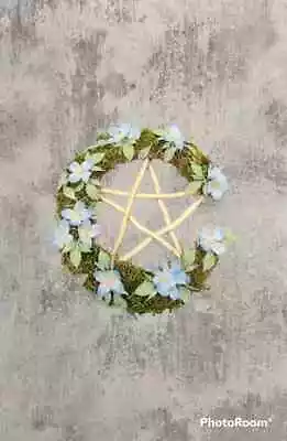 Crescent Moon Shaped Light Up Blue Flower/Moss Pentagram Witchy Wreath Handmade • $22.99