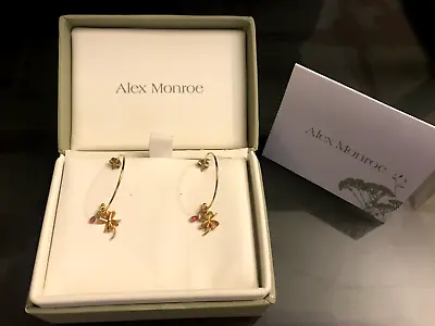 Alex Monroe GOLD HOOP EARRINGS With Ruby And Clover CHARM Dangle GIFT NEW In BOX • $242.04
