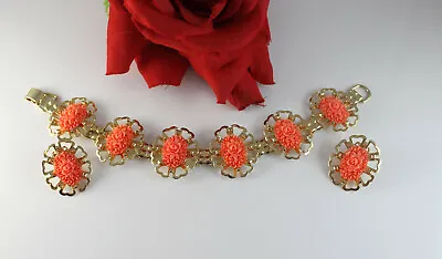 Vintage Faux Carved Coral Gold Tone Bracelet & Earrings   Set   CAT RESCUE • $44.99