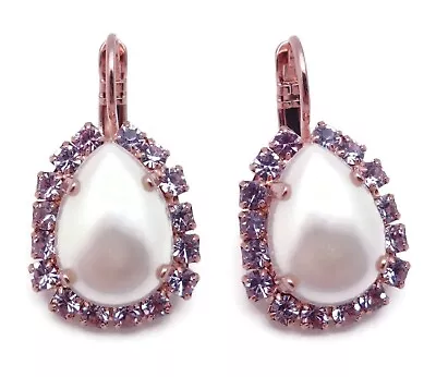 Mariana Romance Pearl Teardrop Purple Crystal Border Rose Gold Earrings 139-10 • $74