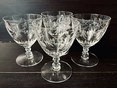 Vintage Etched Crystal Leaves Low 3 7/8” Champagne / Sorbet Glasses Set Of 4 • $23.64
