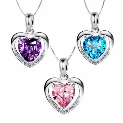 £3.97 • Buy 925 Sterling Silver Heart Crystal Pendant Chain Necklace Womens Jewellery New UK