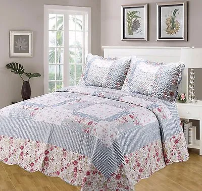 £34.99 • Buy Julie Bedspread Set Quilted Throw Over Patchwork Flower Stripes Blue Pink Green