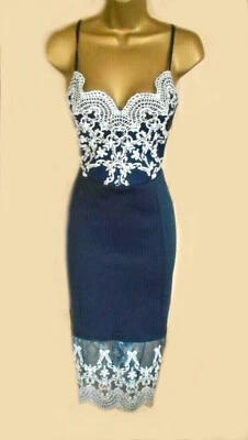 £30.99 • Buy Lipsy Navy White Lace Bodycon Dress Size 18 Cami Midi Party Occasion Wedding UK
