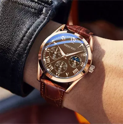 New Men Quartz Watch Brown Leather Band For Men Gift Analog Stainless Steel • $4.80