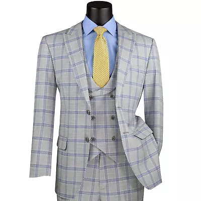 VINCI Men's Light Gray Windowpane 3pc Stretch Modern Fit Suit - NEW • $150