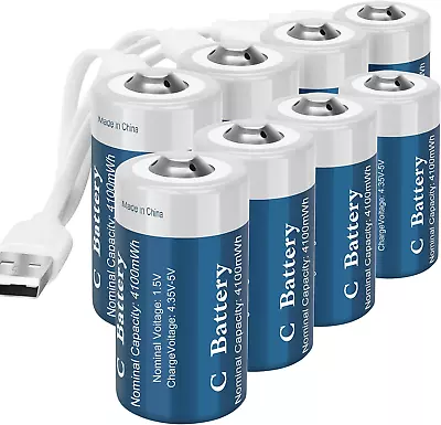 8 Pack Rechargeable Lithium C Cell Batteries With USB-C Charging Cable 1.5V LR1 • $60.21