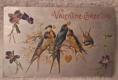 Vintage Valentine Postcard 1910 Valentine Greeting Blue Birds Hearts Silver • $7.99