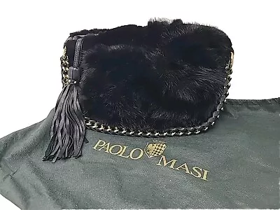 Paolo Masi Genuine Mink Fur Black Leather Chain Braided Shoulder Bag Purse Italy • $80