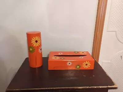 Vintage Tissue Box Cover Japan Plastic Orange Floral Design & Matching Piece  • $24.99