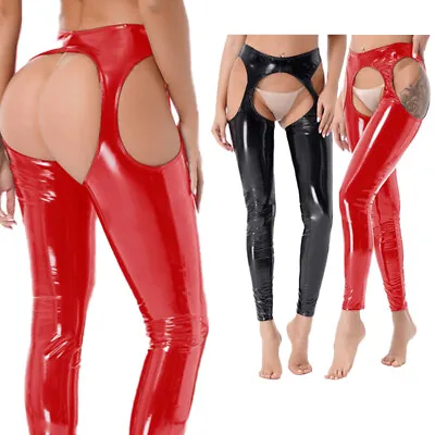 US Women Faux Leather Leggings High Waisted Hollow Out Crotchless Skinny Pants • $14.03