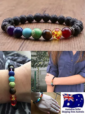 $4.95 • Buy Chakra Bracelet Healing Lava Stone 7 Bead Natural Oil Diffuser Aromatherapy 1pc