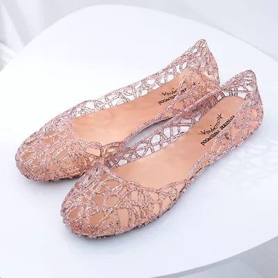 Summer Women Slip On Crystal Flats Jelly Shoes Womens Beach Sandals Hollow Out • £6.96