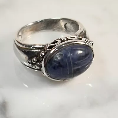 Vintage Sterling Silver 925 Blue Lapis Carved Scarab Ring Sz 7 • $39