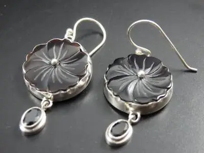 QVC Artisan Crafted Black MOP Flower Black Spinel Drop Sterling Earrings NWT • £46.29