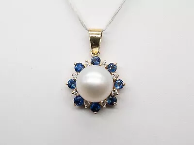 $1500 10mm Mabe Pearl 1.50ct Blue Sapphire Diamond 14k Yellow Gold Pendant 7g • $345