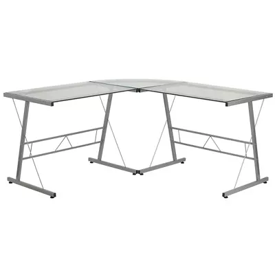 L-Shape Computer Desk With Clear Tempered Glass Top & Silver Metal Frame • $239.95