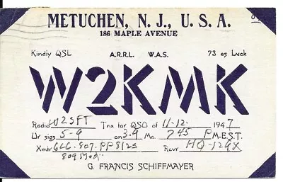 QSL 1947   Metuchen New Jersey   Radio Card • $5.52