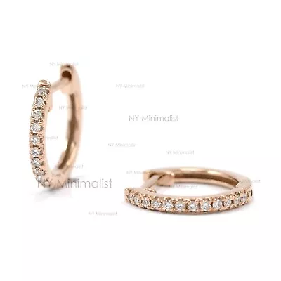 Genuine 0.15 Diamond Pave Huggie Hoop 14K Solid Gold Tiny Hoop Pair Earrings • $260.83