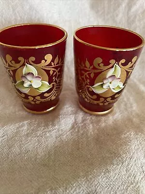 Antique MURANO Glass Cordial Set | Ruby Red & Gold | Hand Painted Raised Enamel • $24.99