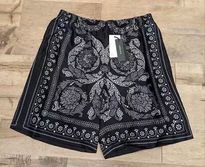 $1250 Mens Versace Patterned Beaded Silk Shorts Black/Silver 52 US 36 • $403.25