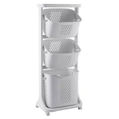 3Tier Laundry Basket Trolley Cart Storage Hamper Sorter Basket With Wheels White • £25.95