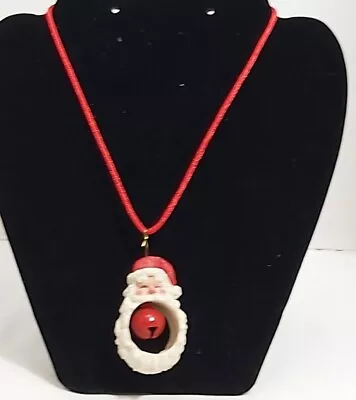 VTG Santa Claus 2.25  Head Jingle Bell Christmas Charm Red Cord 26   Necklace • $7.99