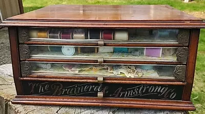 ANTIQUE SPOOL CABINET By BRAINERD & ARMSTRONG CO 4 Glass Front Drawers FULL • $549.95