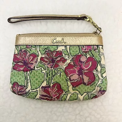 Coach Floral Poppy Flower Canvas Metallic Gold Trim Wristlet • $12.99