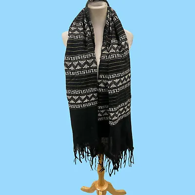 Vintage Black With White Abstract Pattern & Gold Lurex Stripes Long Scarf Shawl • $24.99