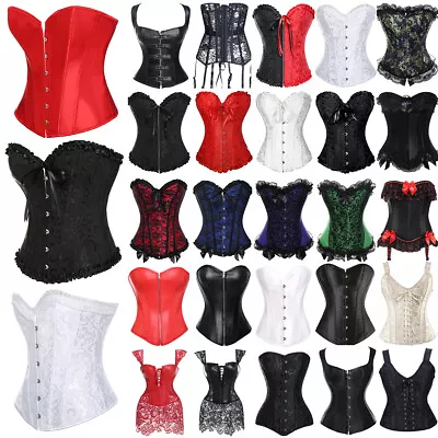 Boned Sexy Black Corset Lingerie Lace Up Basque Bustier Steampunk Gothic Top UK • $20.95