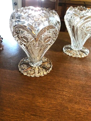 $149 • Buy Pair Antique Large Crystal Imperial Glass Zippered Heart Rose Vase C 1910 9   Ta