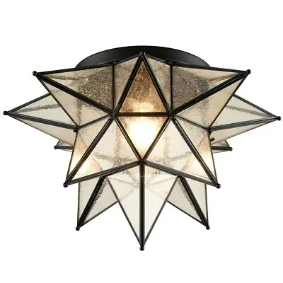 Moroccan Black Moravian Star Flush Mount Ceiling Light Seeded Glass Shade 18  • $198