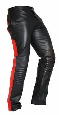 Mens Sexy Real Black & Red Leather Motorcycle Bikers Pants Jeans Trousers • $109.99