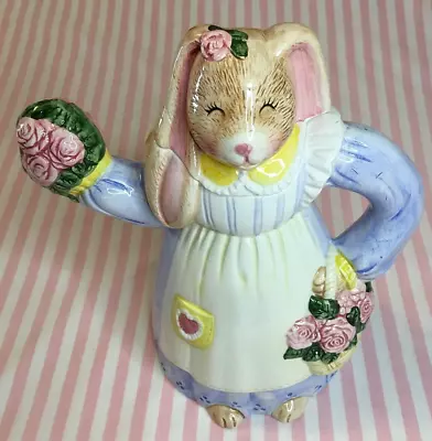 Vintage Ceramic Mother Lop Eared Rabbit Pitcher Blue Pinafore W/Apron 9  Tall • $14.99