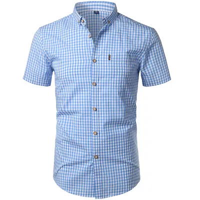 Mens Short Sleeve Plaid Shirt Striped Checked Summer Office Work New • £13.85