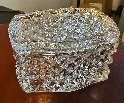 Vintage Diamond Cut Glass Trinket Box Rectangle Lidded 4 3/4  Curved Edge • $14.99