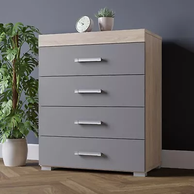 Chest Of 4 Drawers In Grey & Sonoma Oak Effect Bedroom Furniture Modern * NEW* • £64.95