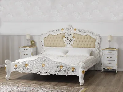 £2948 • Buy Super King Size Bed Frame Diamond Decape Rococo Style Ivory And Gold Leaf Fau...