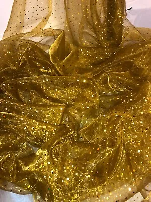 £3.50 • Buy 1 Mtr Antique Gold Sparkly Sequin Hologram Organza Voil Draping Fabric 58” Wide