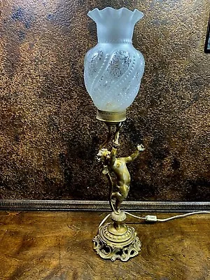 $199.99 • Buy Antique Gilted Bronze Metal CHERUB ANGEL Filagree LAMP / Table Light